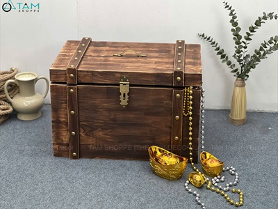 Rương gỗ viền nẹp đinh tán giả cổ BIGSIZE 60cm [Tặng ổ khóa] RUONG-GO-06